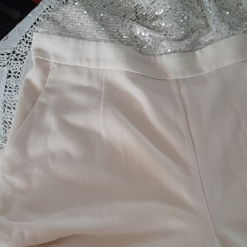 NEW๐MELANIE LYNE๐CREAM Silver Sequin WIDE LEG Jumpsuit with STRETCH Sz ML - Picture 13 of 13